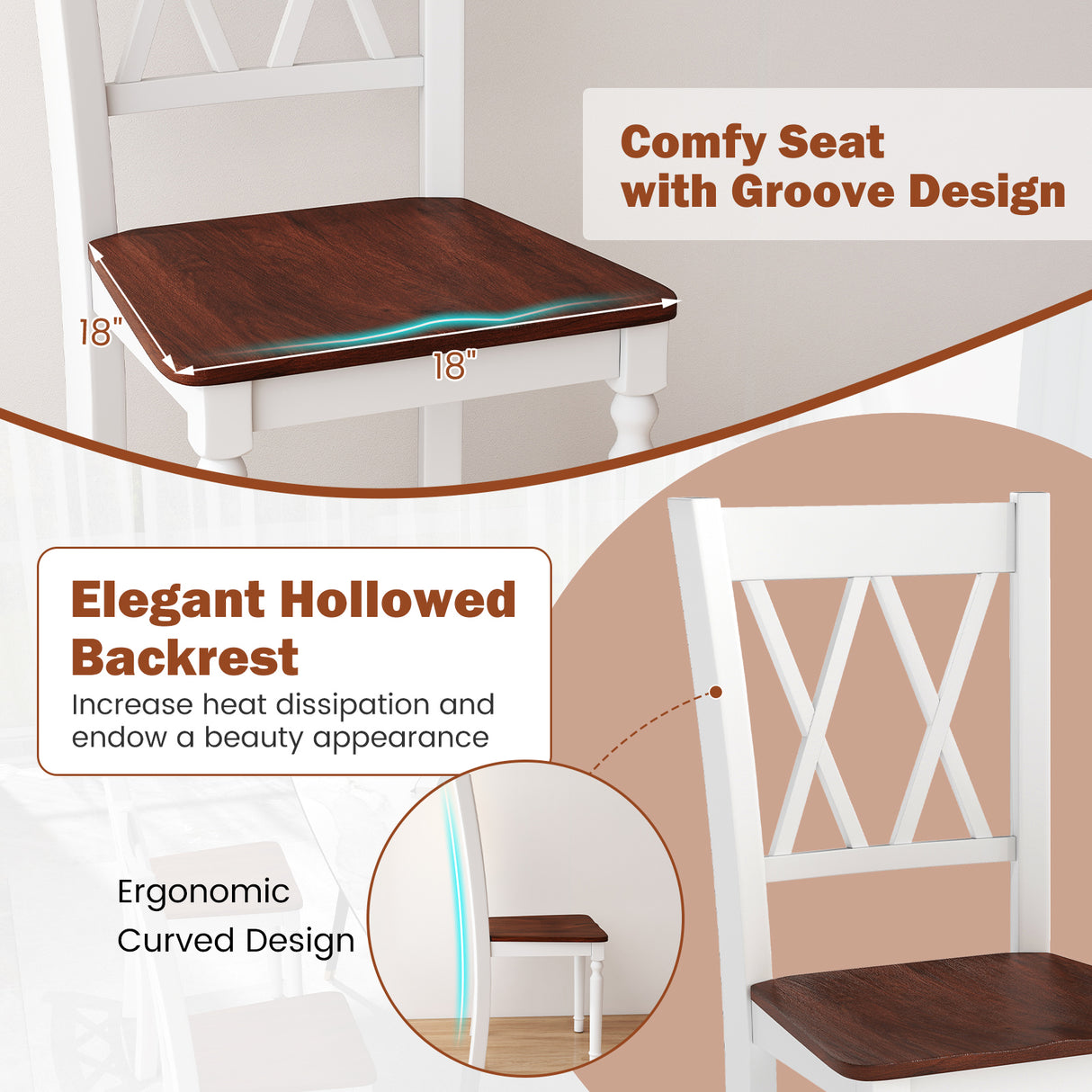 Set of 4 Wooden Farmhouse Kitchen Chairs with Rubber Wood Seat