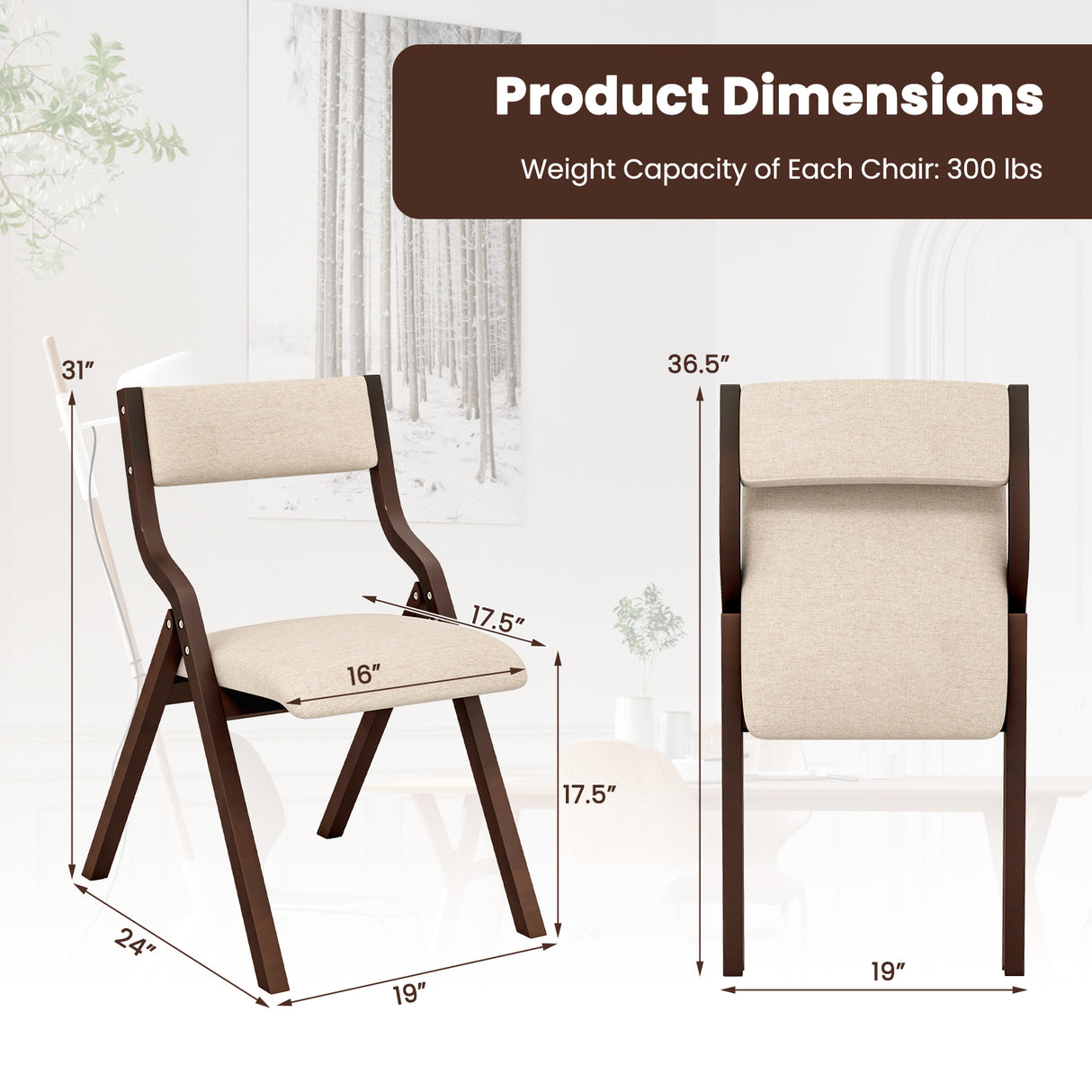 Set of 2 Wooden Folding Dining Chair with Linen Fabric Padded Seat and Backrest