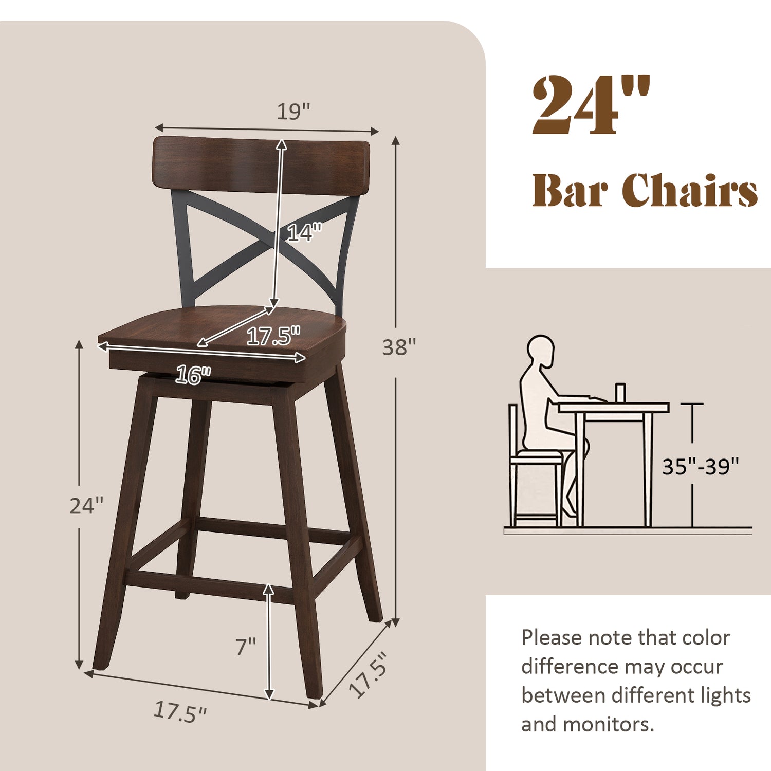 Set of 2 Wooden Swivel Bar Stools with Open X Back and Footrest-24 inches