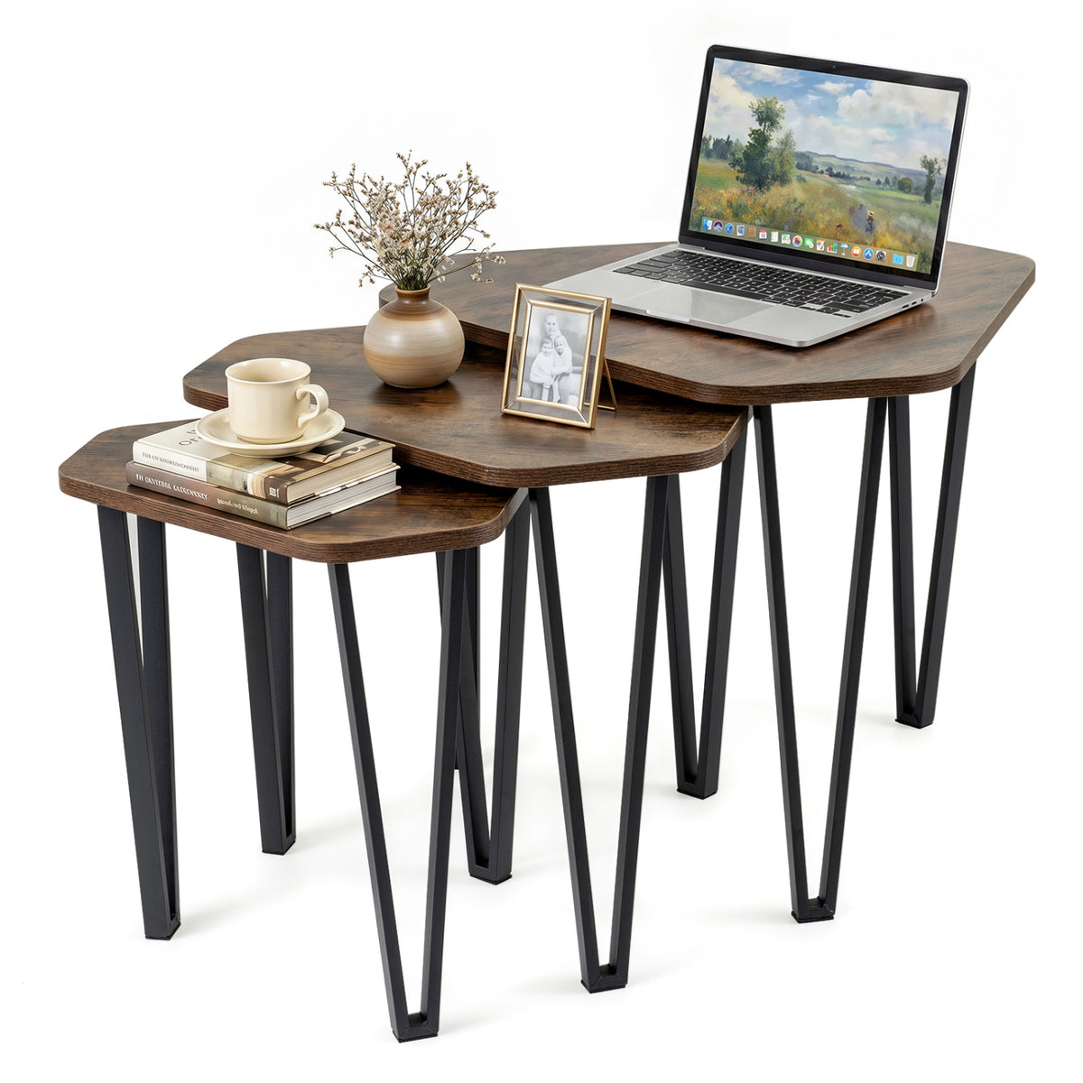 Set of 3 Nesting Coffee Tables with Engineered Wood Top and Metal Frame for Living Room-Rustic Brown