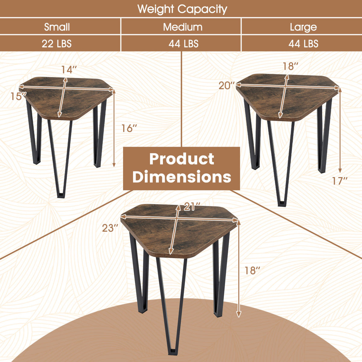 Set of 3 Nesting Coffee Tables with Engineered Wood Top and Metal Frame for Living Room-Rustic Brown