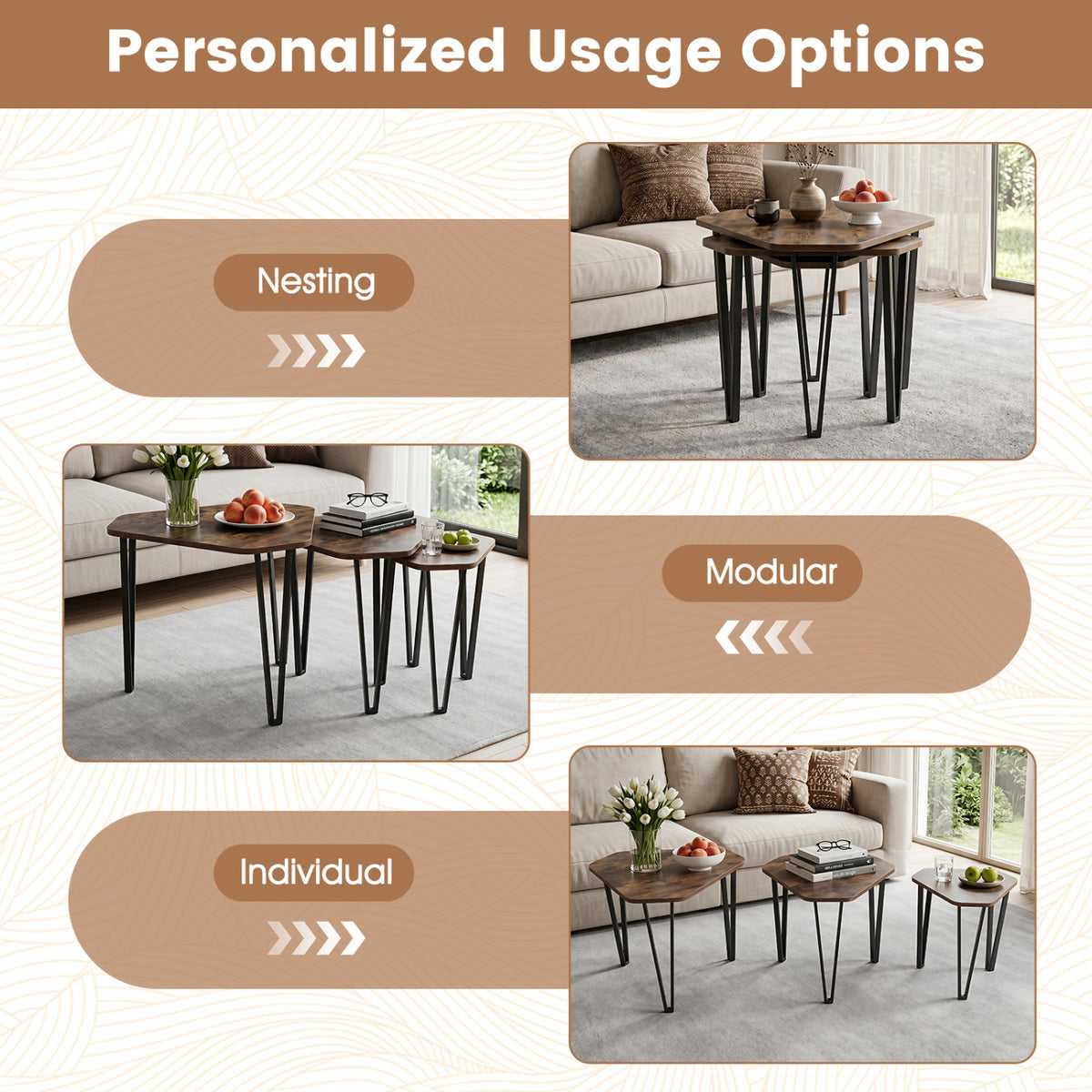 Set of 3 Nesting Coffee Tables with Engineered Wood Top and Metal Frame for Living Room-Rustic Brown