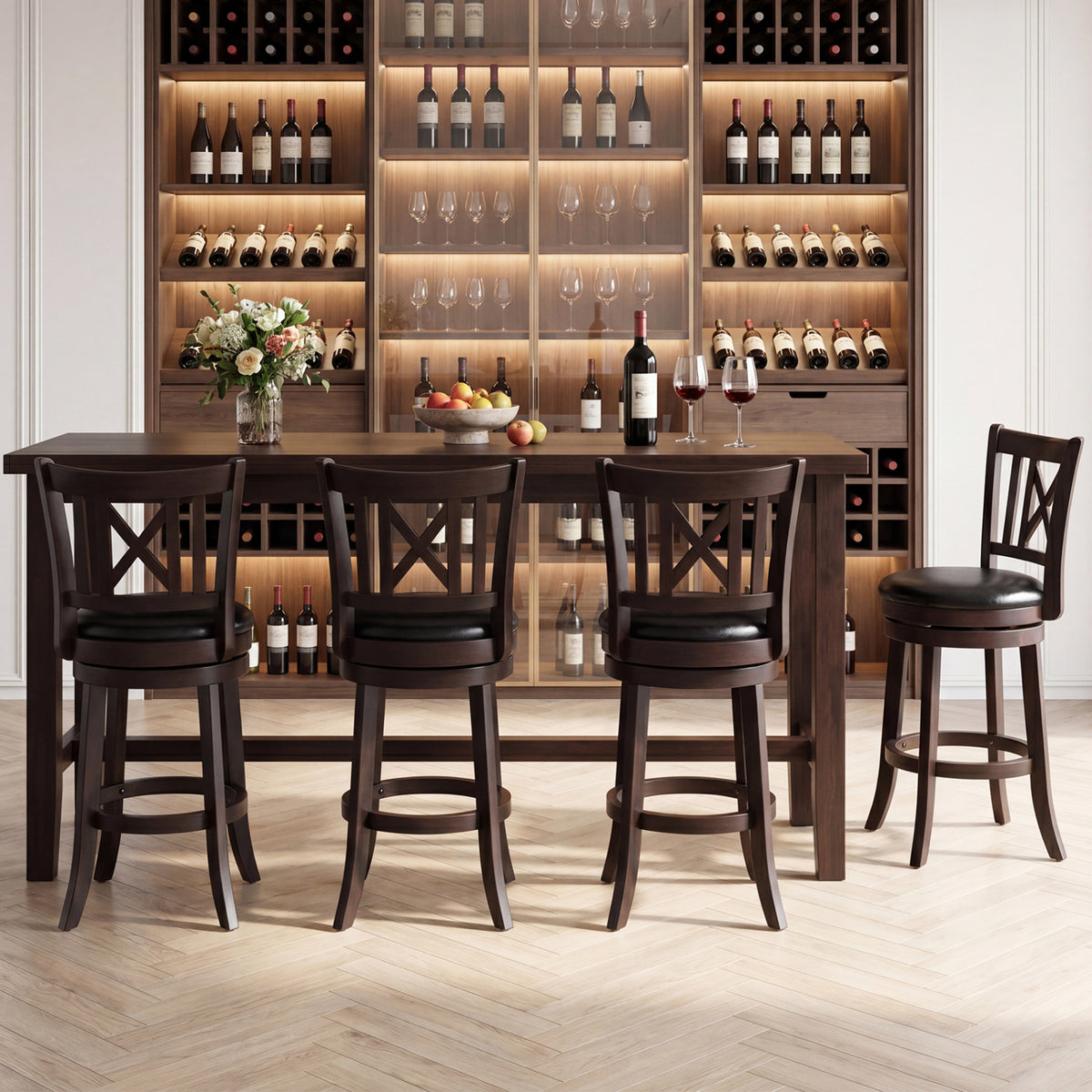 Set of 4 Bar Stools Swivel Bar Chairs with Hollowed Backrest and Footrest-26/Footrest-30 inches