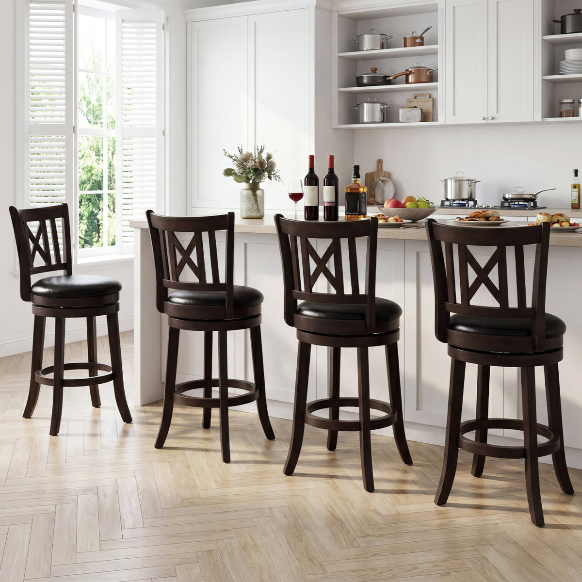 Set of 4 Bar Stools Swivel Bar Chairs with Hollowed Backrest and Footrest-26/Footrest-30 inches