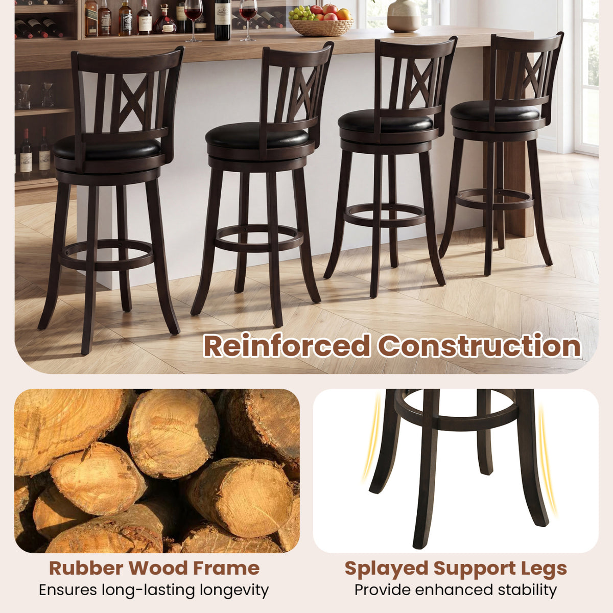 Set of 4 Bar Stools Swivel Bar Chairs with Hollowed Backrest and Footrest-26/Footrest-30 inches