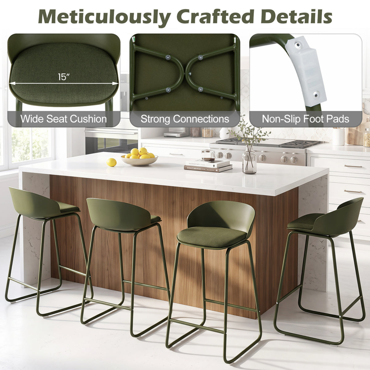 Set of 4 Counter Height Bar Stools with Curved Backrest and Metal Frame for Kitchen Dining