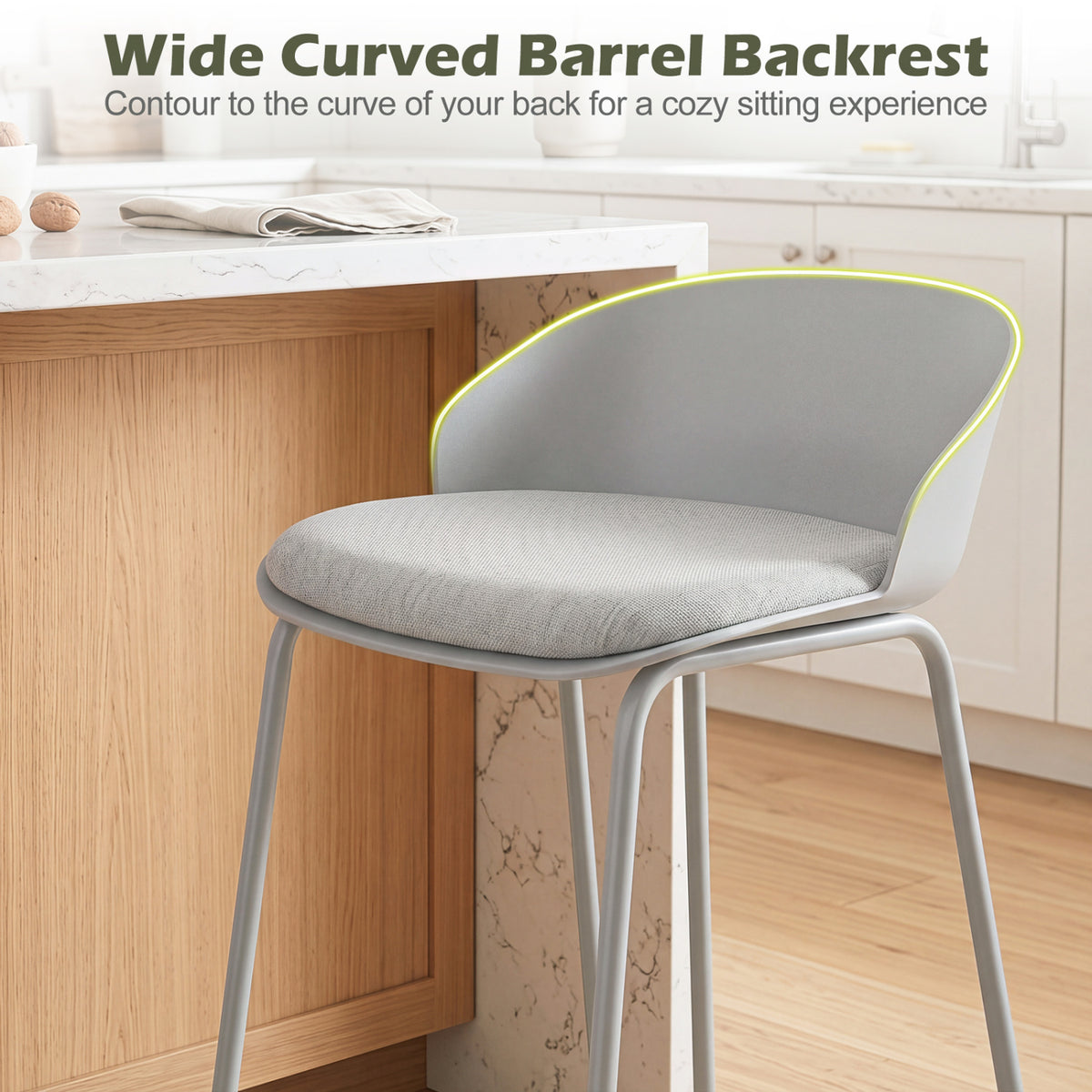Set of 4 Counter Height Bar Stools with Curved Backrest and Metal Frame for Kitchen Dining