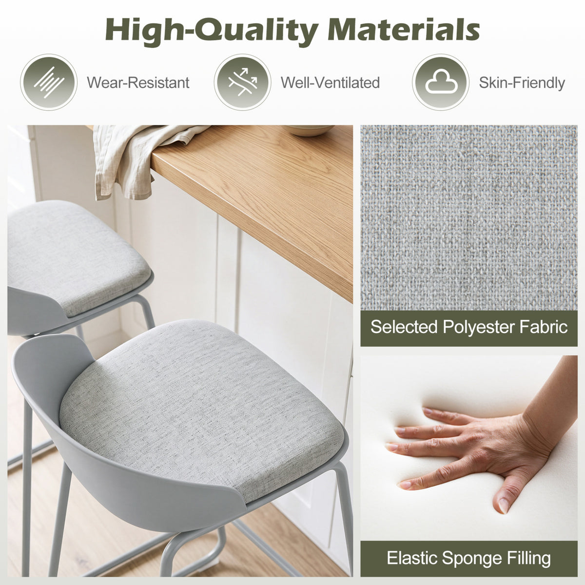 Set of 4 Counter Height Bar Stools with Curved Backrest and Metal Frame for Kitchen Dining