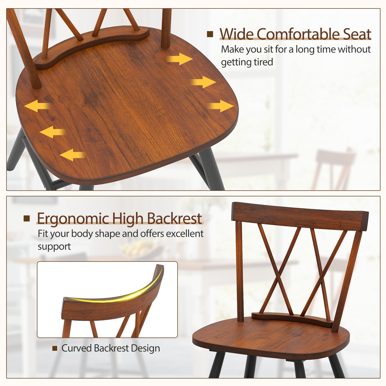 Set of 4 Dining Chairs with Rubber Wood Frame and Curved Cross Back-Dark Brown