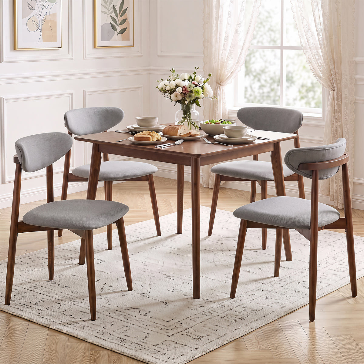 Set of 4 Fabric Upholstered Dining Chairs with Curved Backs