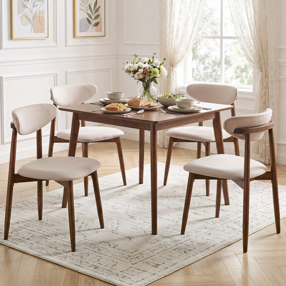 Set of 4 Fabric Upholstered Dining Chairs with Curved Backs