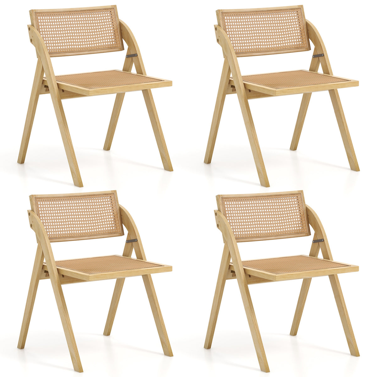 Set of 4 Foldable Dining Chairs with Woven Rattan Backrest