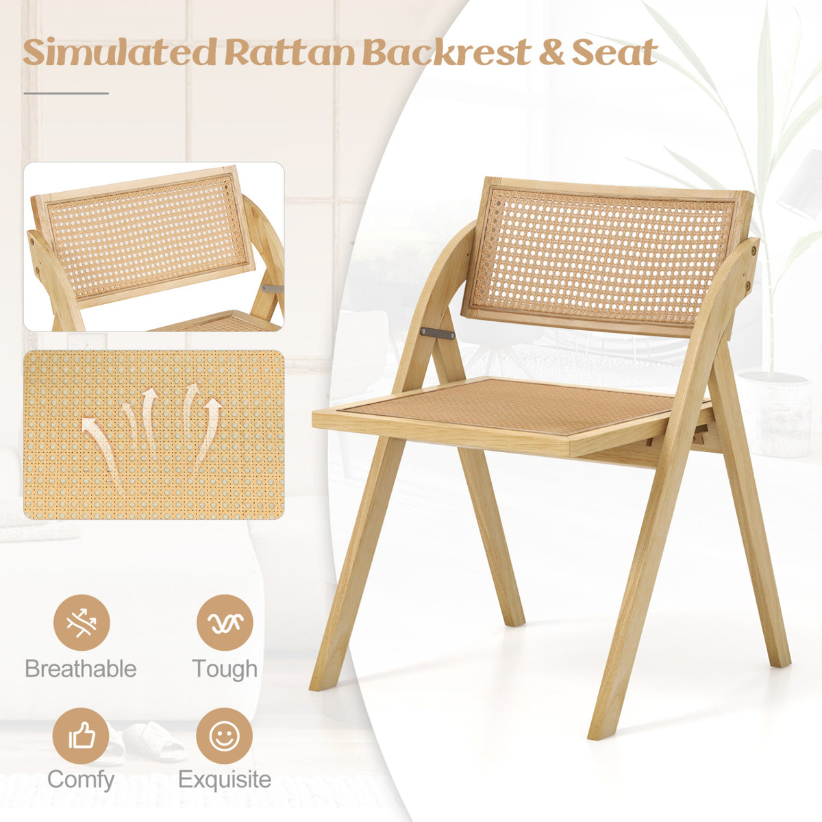 Set of 4 Foldable Dining Chairs with Woven Rattan Backrest