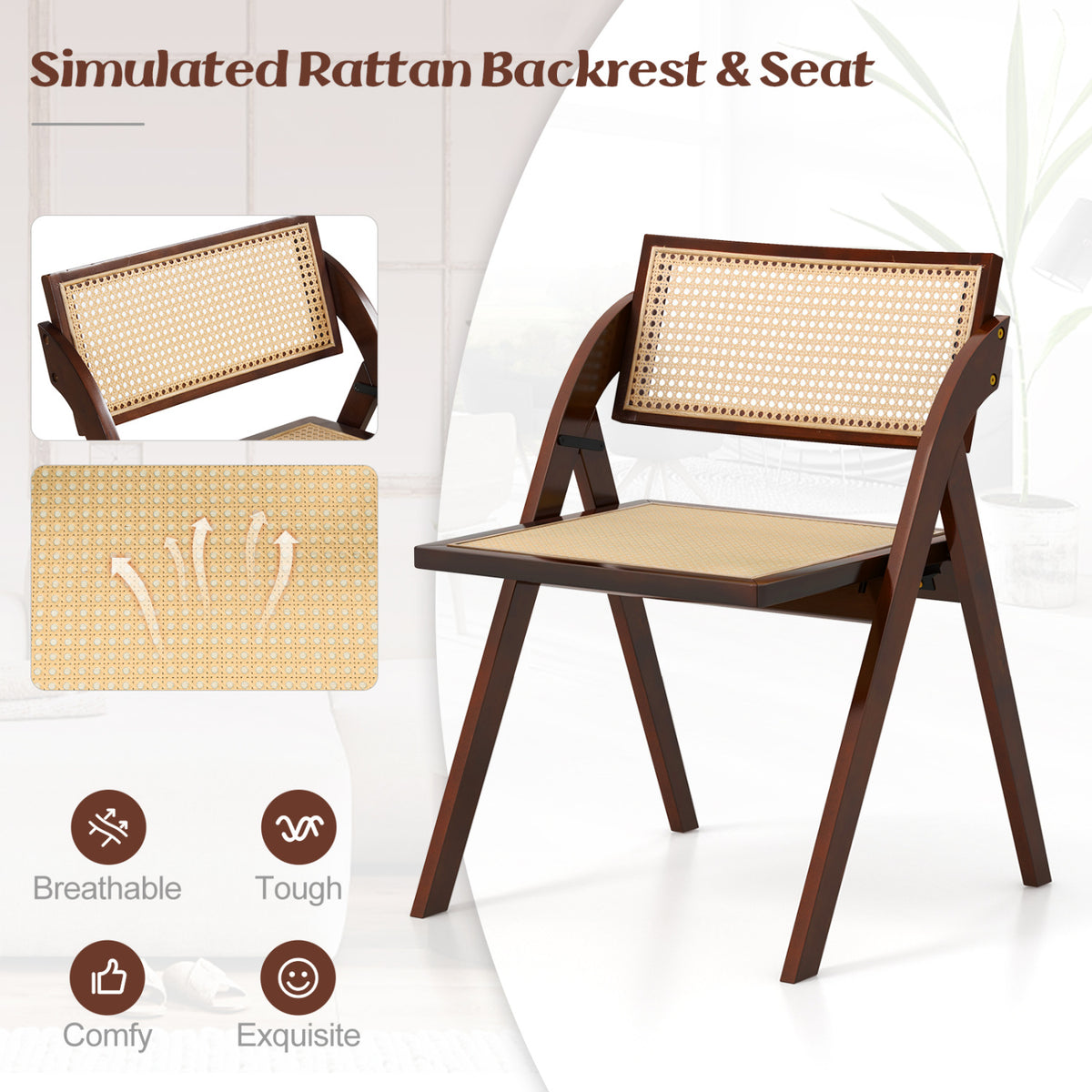 Set of 4 Foldable Dining Chairs with Woven Rattan Backrest