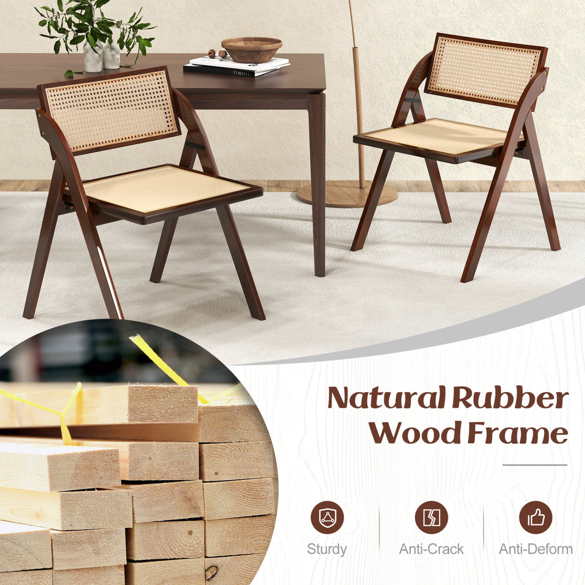 Set of 4 Foldable Dining Chairs with Woven Rattan Backrest