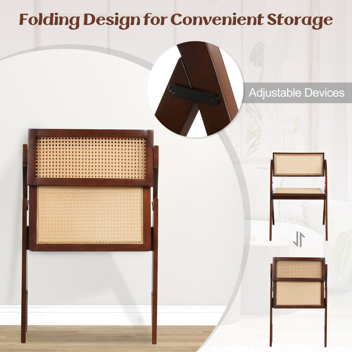 Set of 4 Foldable Dining Chairs with Woven Rattan Backrest