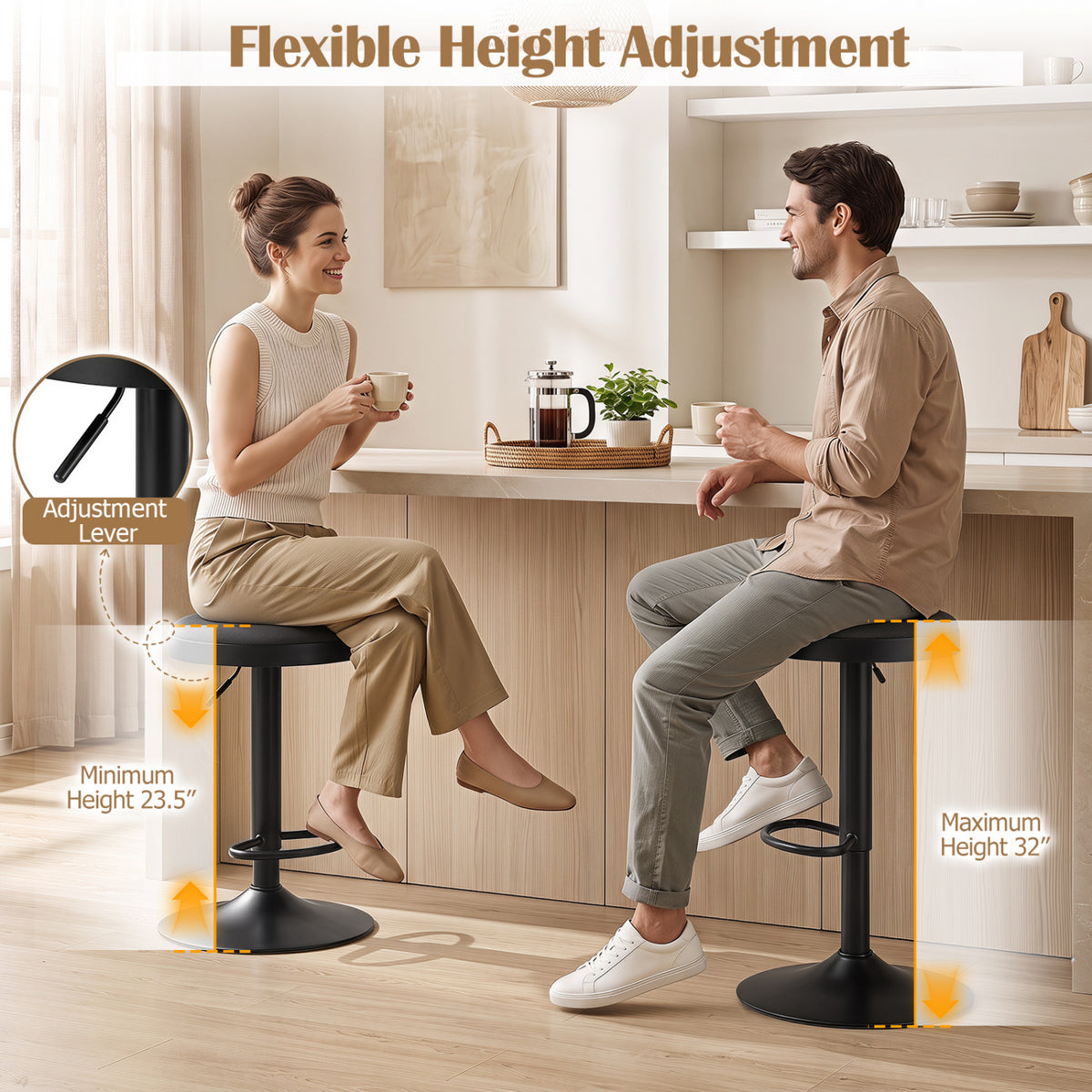 Set of 4 Kitchen Bar Stools with Height Adjustment Padded Seat and D-Shaped Footrest