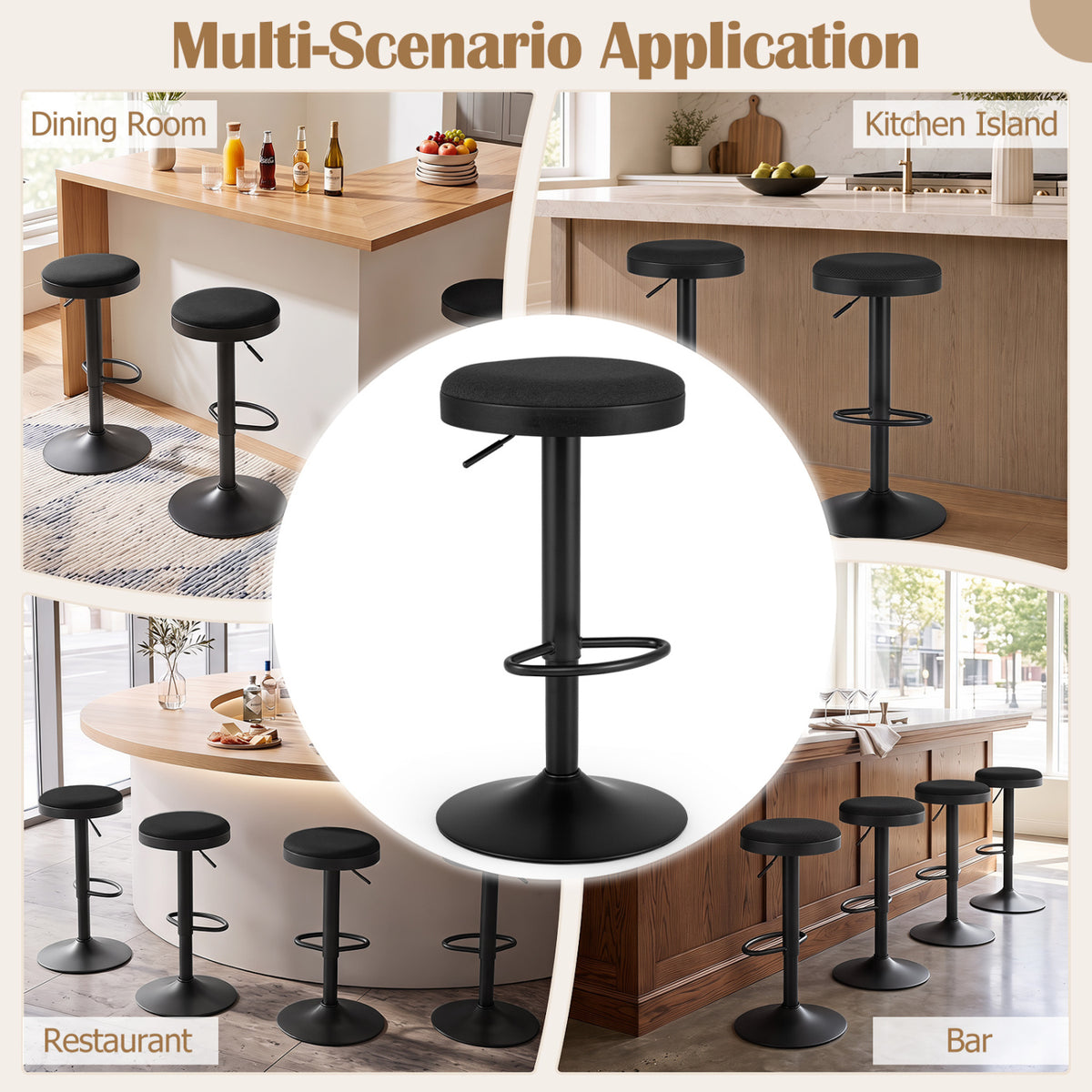 Set of 4 Kitchen Bar Stools with Height Adjustment Padded Seat and D-Shaped Footrest