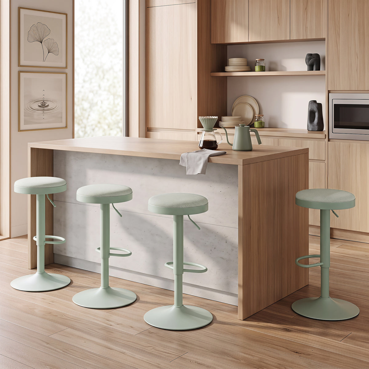 Set of 4 Kitchen Bar Stools with Height Adjustment Padded Seat and D-Shaped Footrest