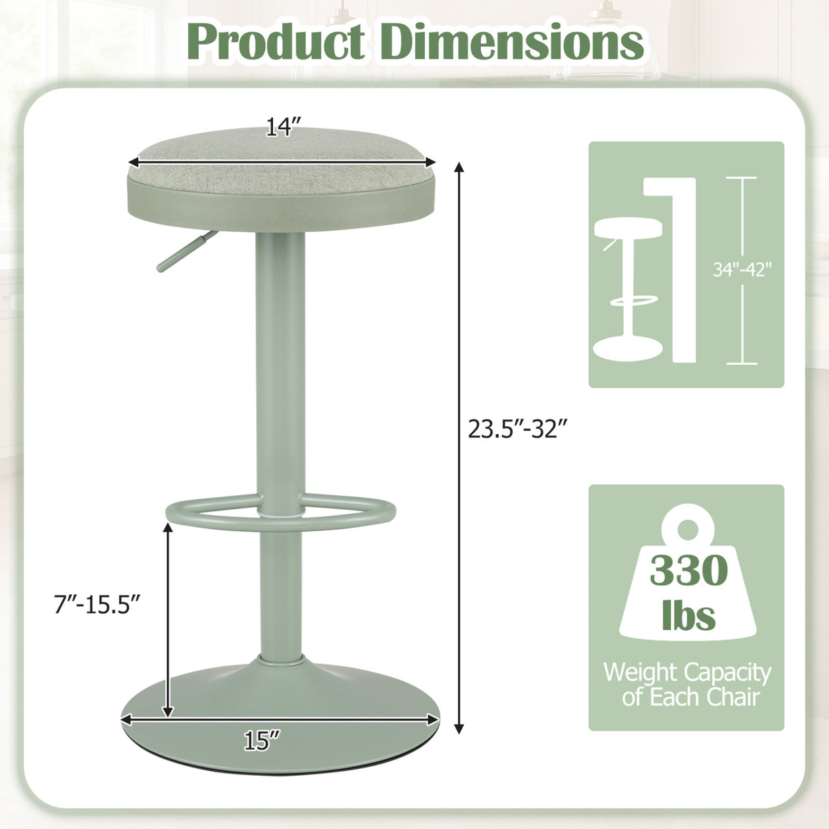 Set of 4 Kitchen Bar Stools with Height Adjustment Padded Seat and D-Shaped Footrest