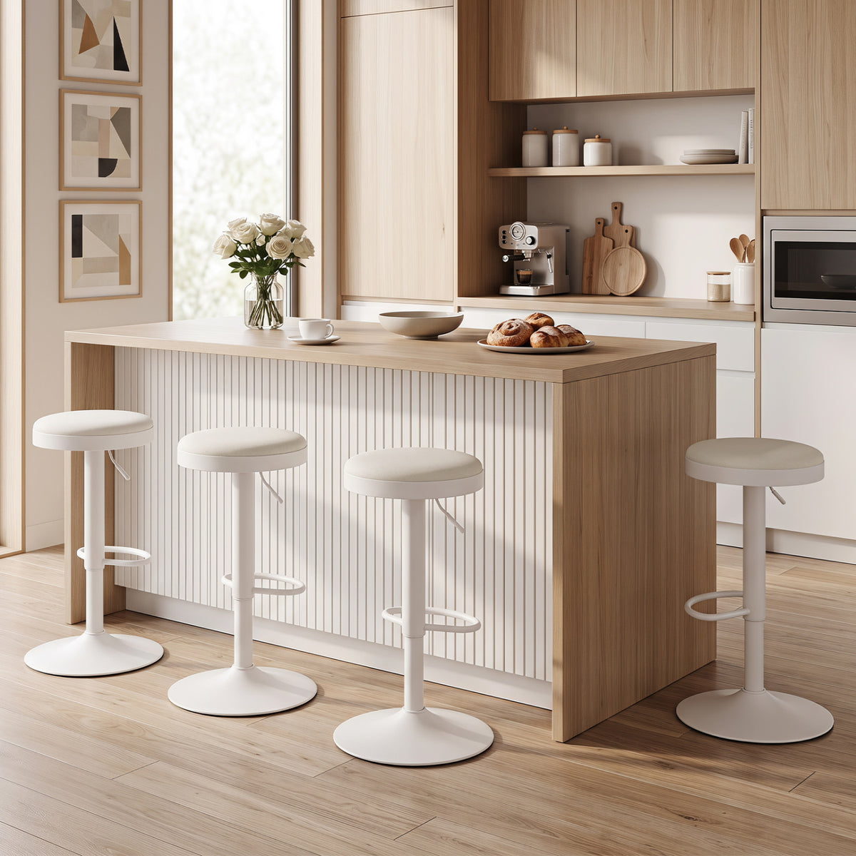 Set of 4 Kitchen Bar Stools with Height Adjustment Padded Seat and D-Shaped Footrest