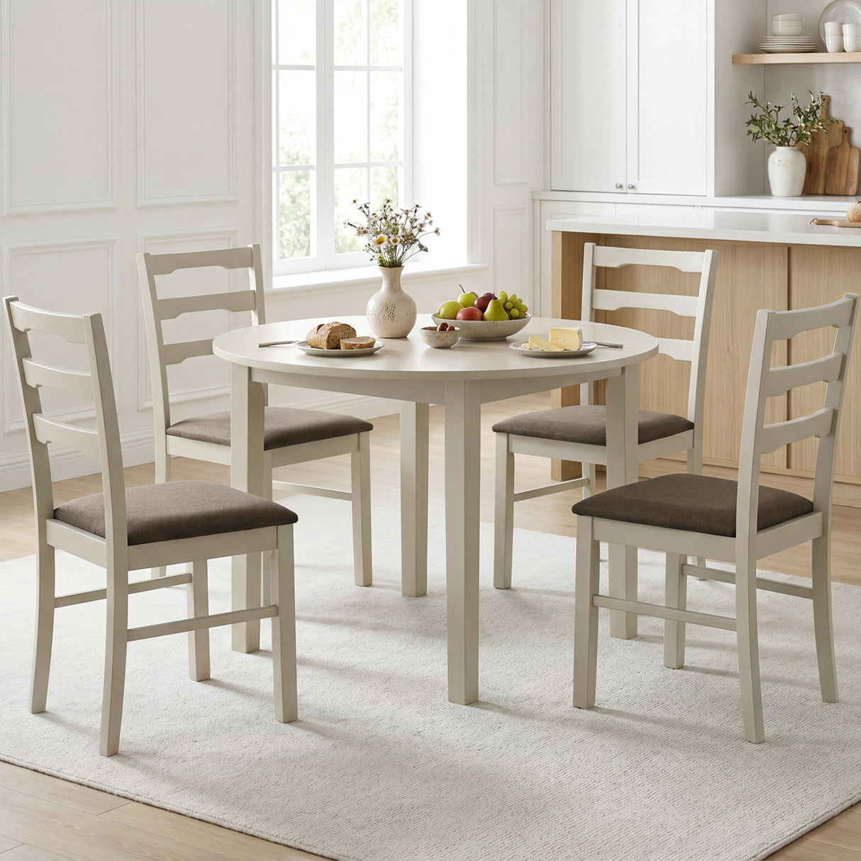 Set of 4 Linen Style Upholstered Dining Chairs with Wood Frames-White