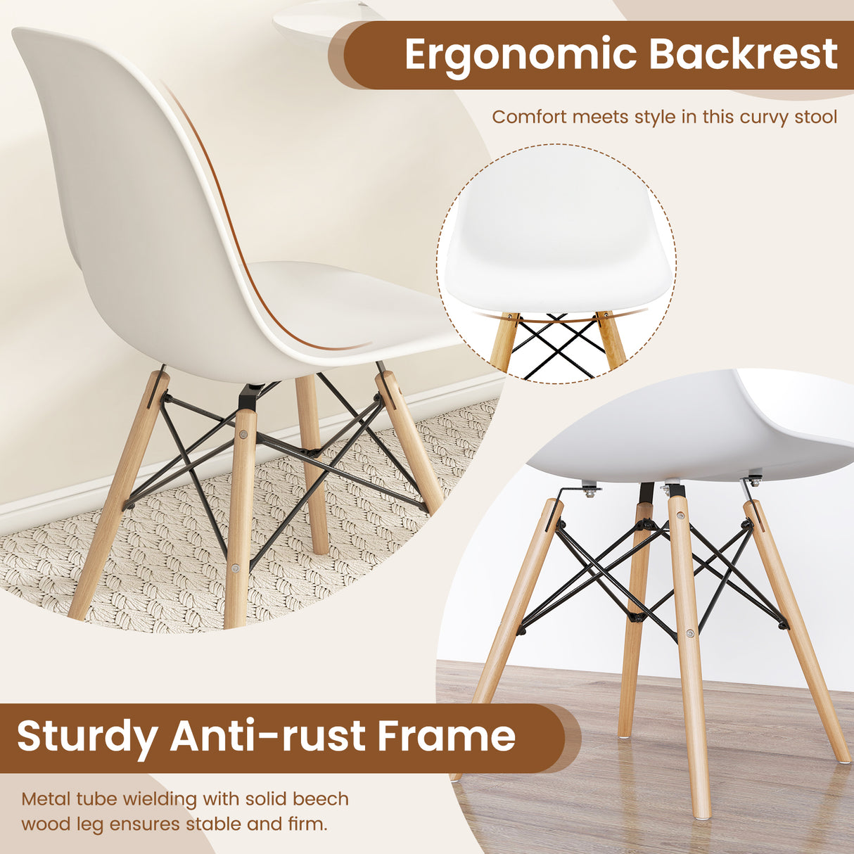 Set of 4 Modern Armless Dining Chairs Plastic Chairs with Wood Legs-White