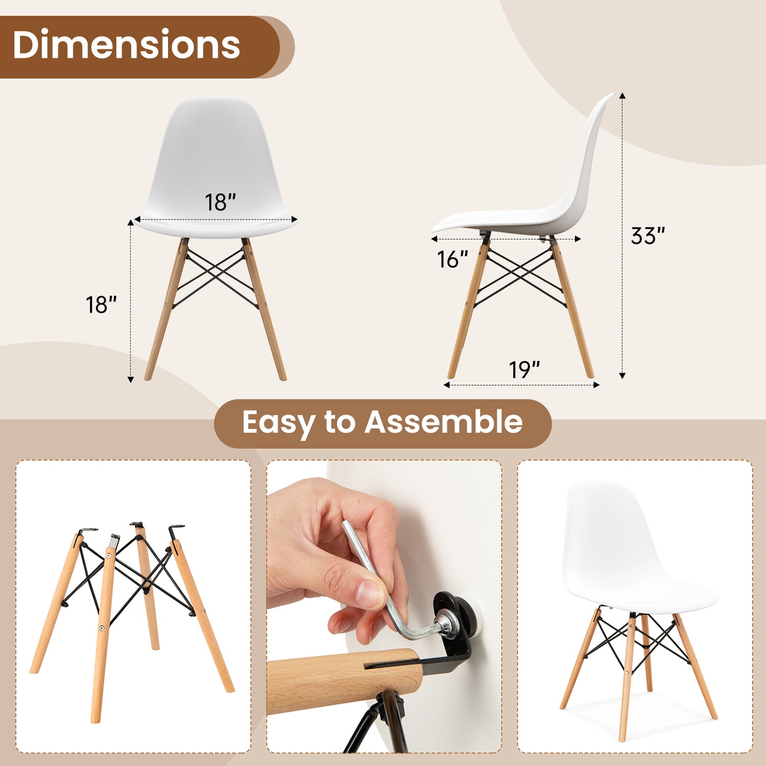Set of 4 Modern Armless Dining Chairs Plastic Chairs with Wood Legs-White