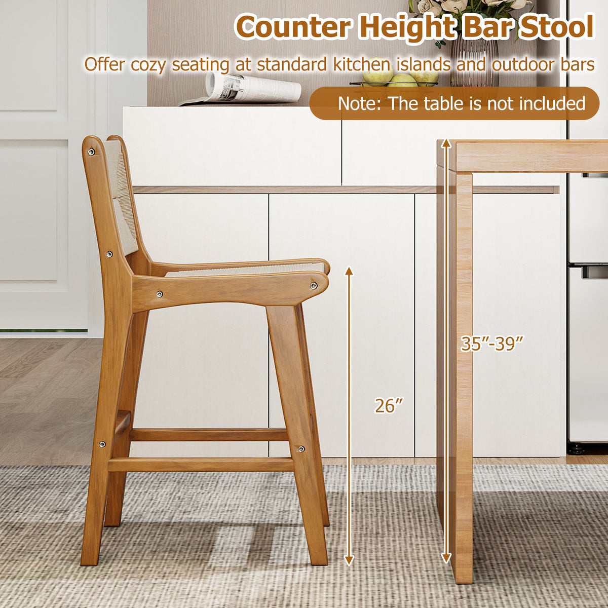 Set of 4 Outdoor Counter Height Bar Stool Woven Paper Rope Patio Barstool with Teak Wood Frame