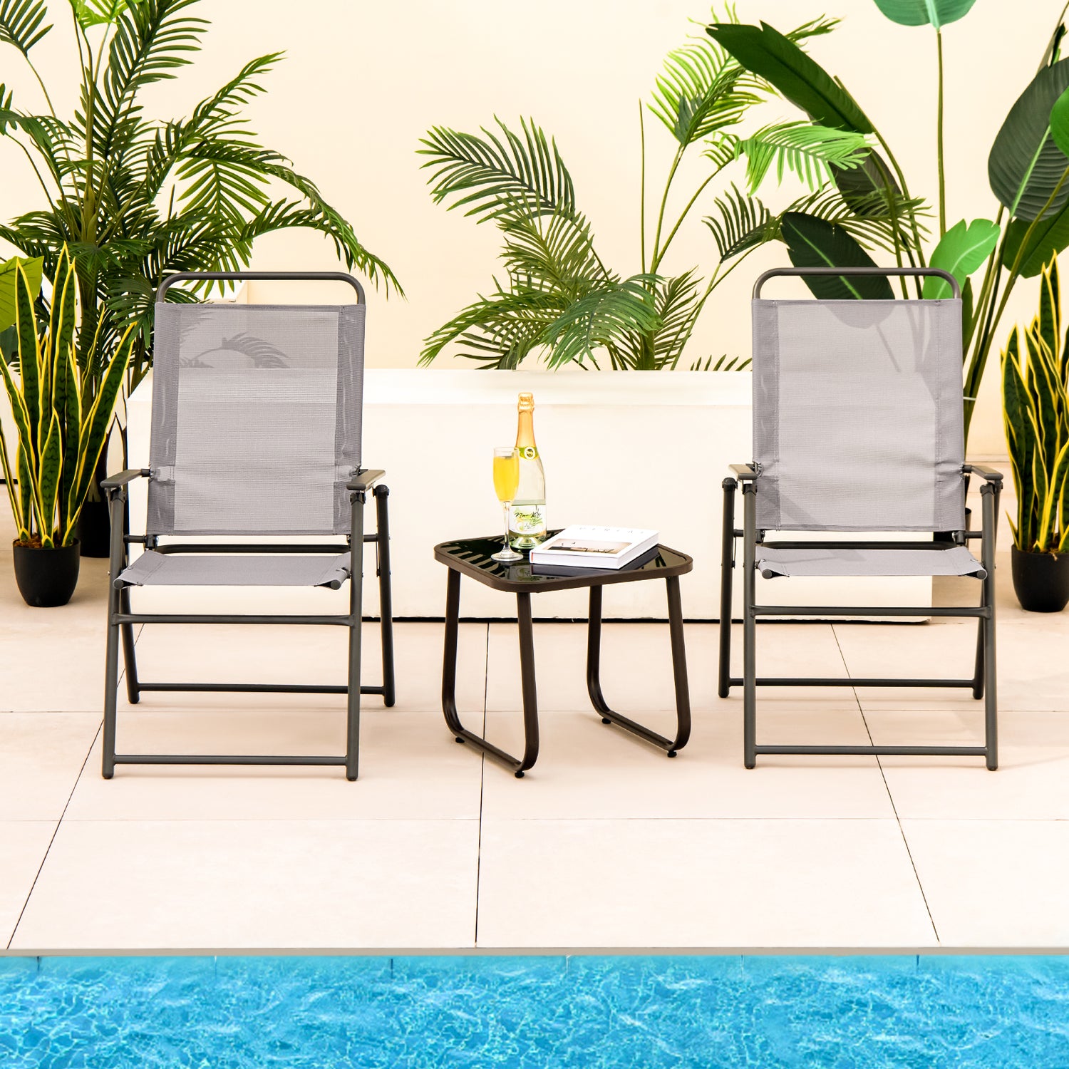 Outdoor Folding Sling Chairs Set of 4 with Armrest and Backrest