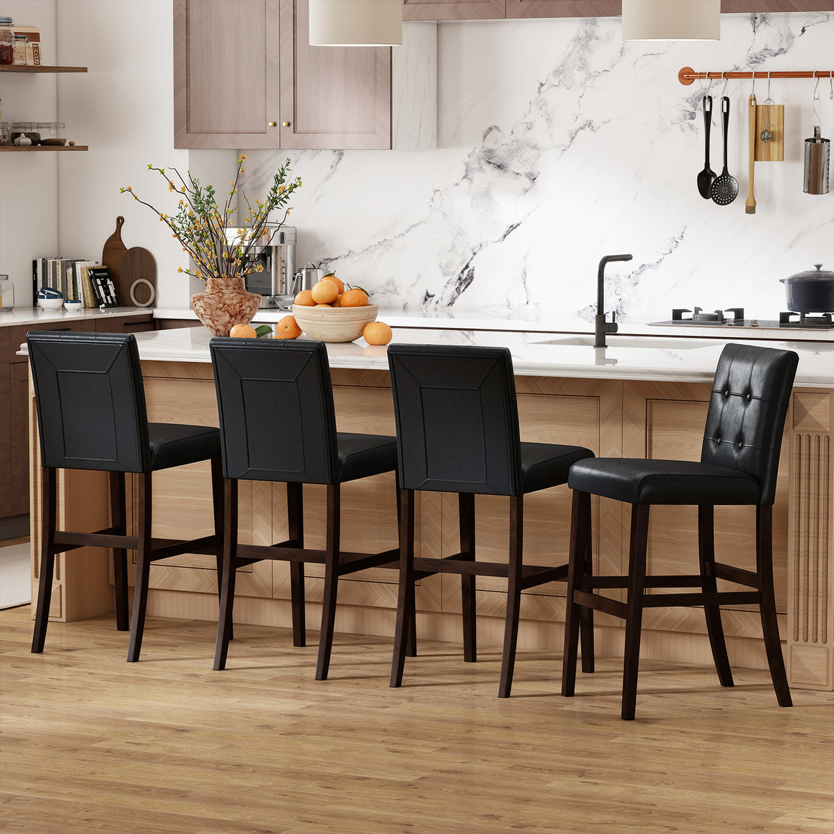 Set of 4 PVC Dining Leather Bar Stools with Solid Wood Legs-29/Legs-24 inch/icnh