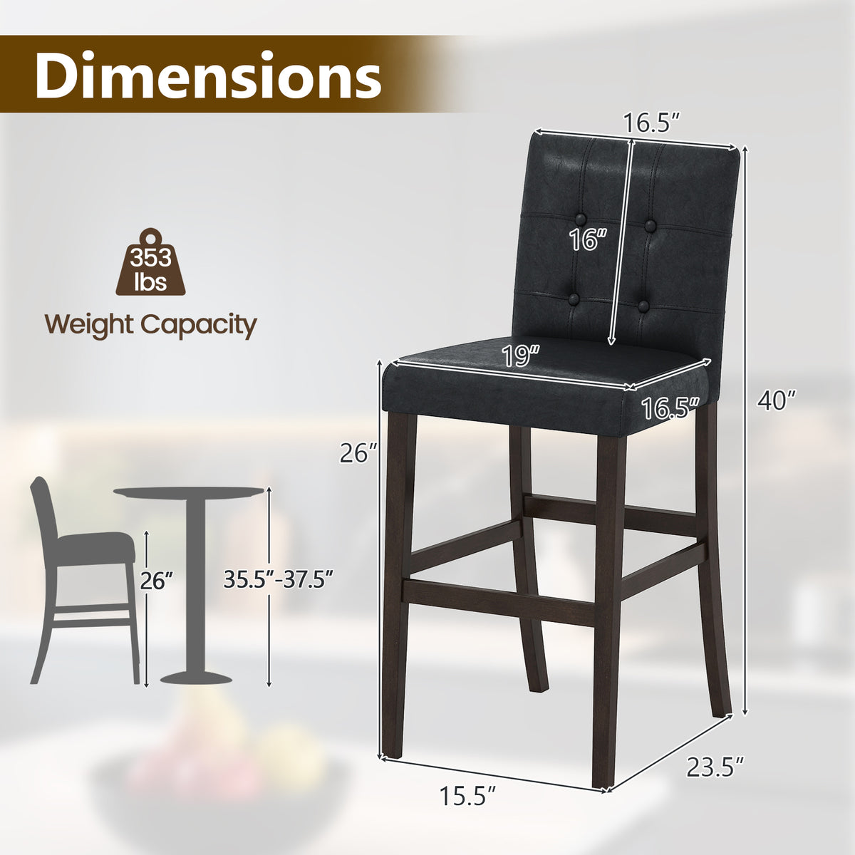Set of 4 PVC Dining Leather Bar Stools with Solid Wood Legs-29/Legs-24 inch/icnh