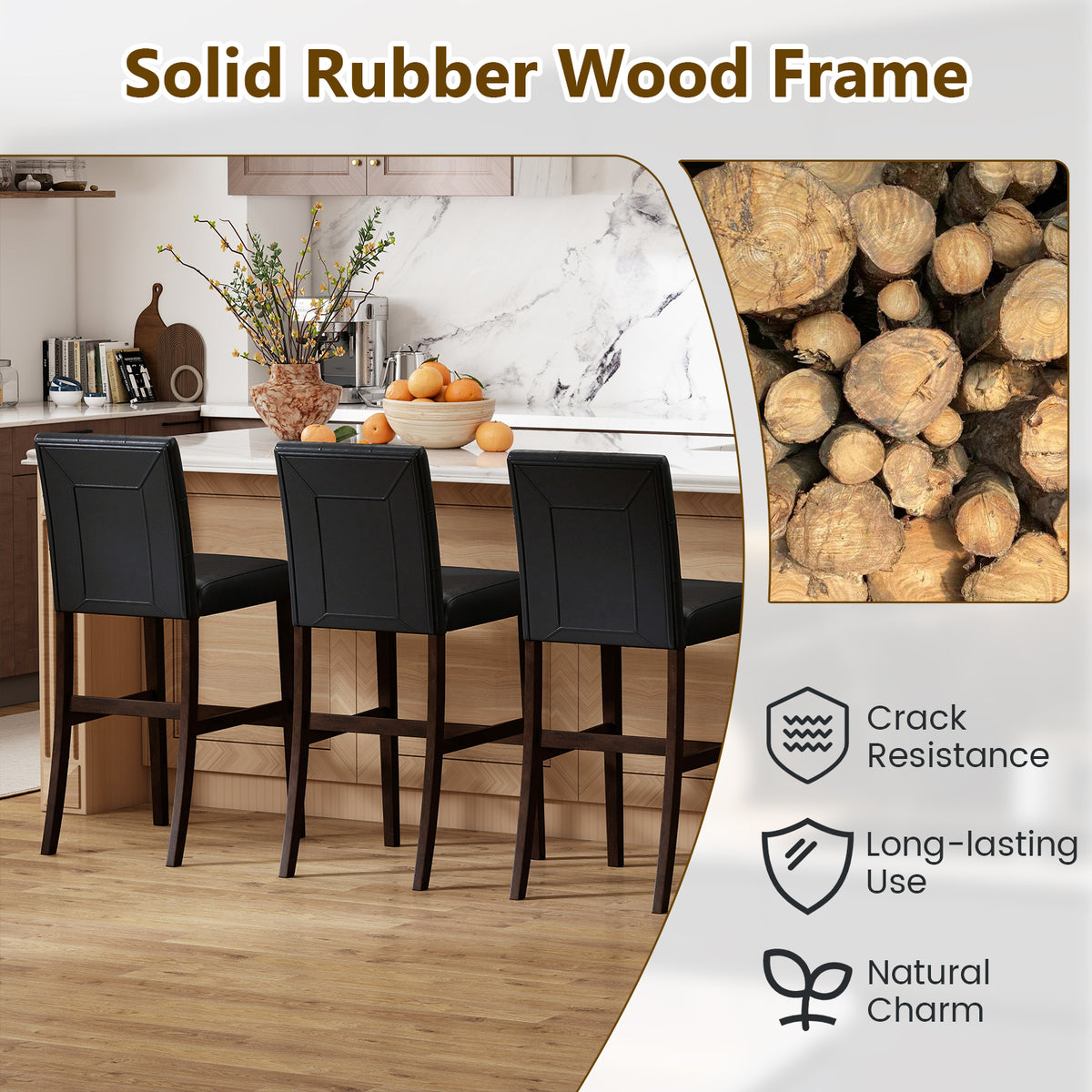 Set of 4 PVC Dining Leather Bar Stools with Solid Wood Legs-29/Legs-24 inch/icnh