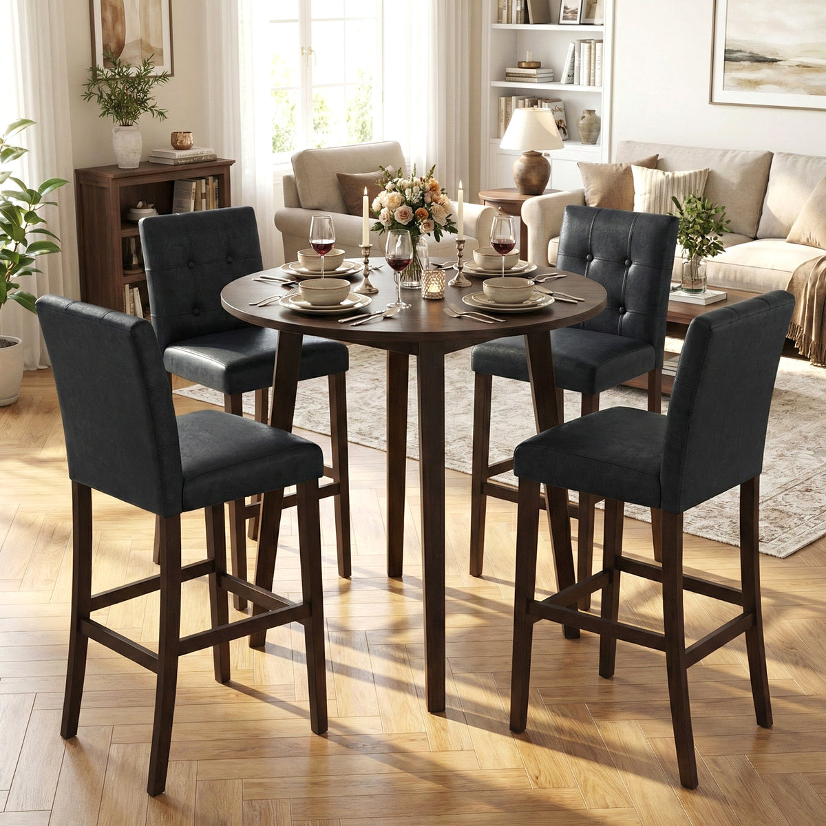Set of 4 PVC Dining Leather Bar Stools with Solid Wood Legs-29/Legs-24 inch/icnh
