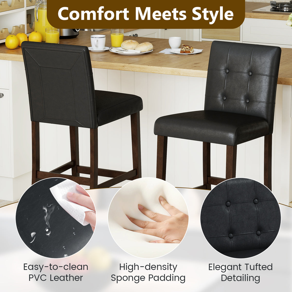 Set of 4 PVC Dining Leather Bar Stools with Solid Wood Legs-29/Legs-24 inch/icnh