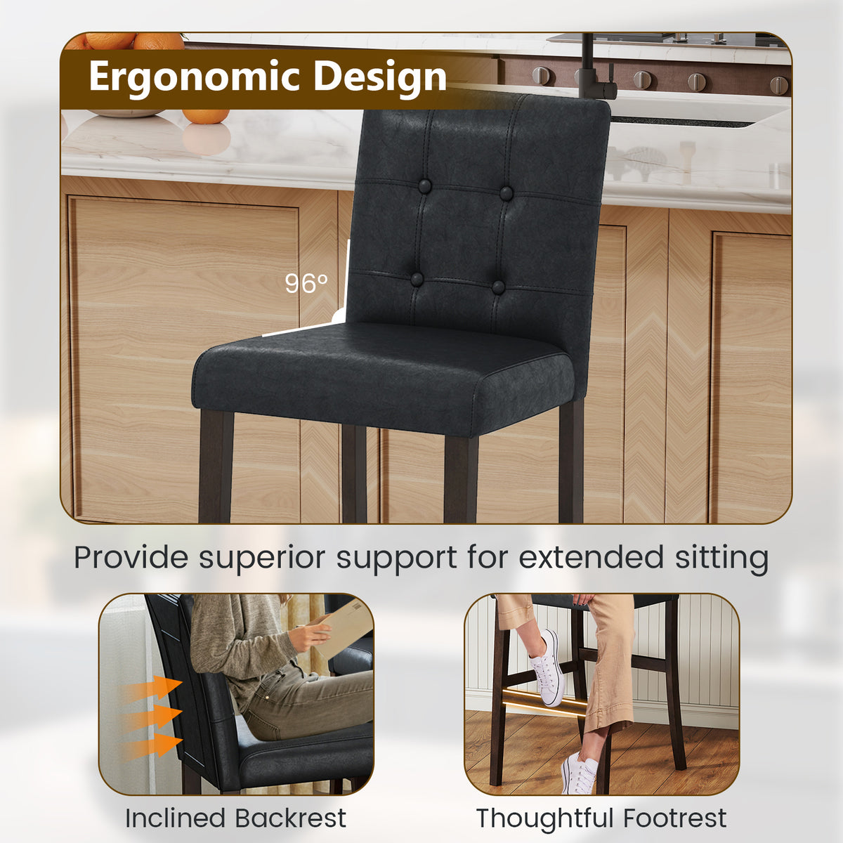 Set of 4 PVC Dining Leather Bar Stools with Solid Wood Legs-29/Legs-24 inch/icnh