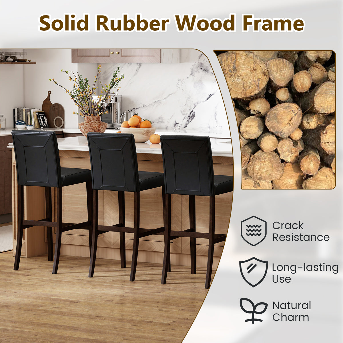Set of 4 PVC Dining Leather Bar Stools with Solid Wood Legs-29/Legs-24 inch/icnh