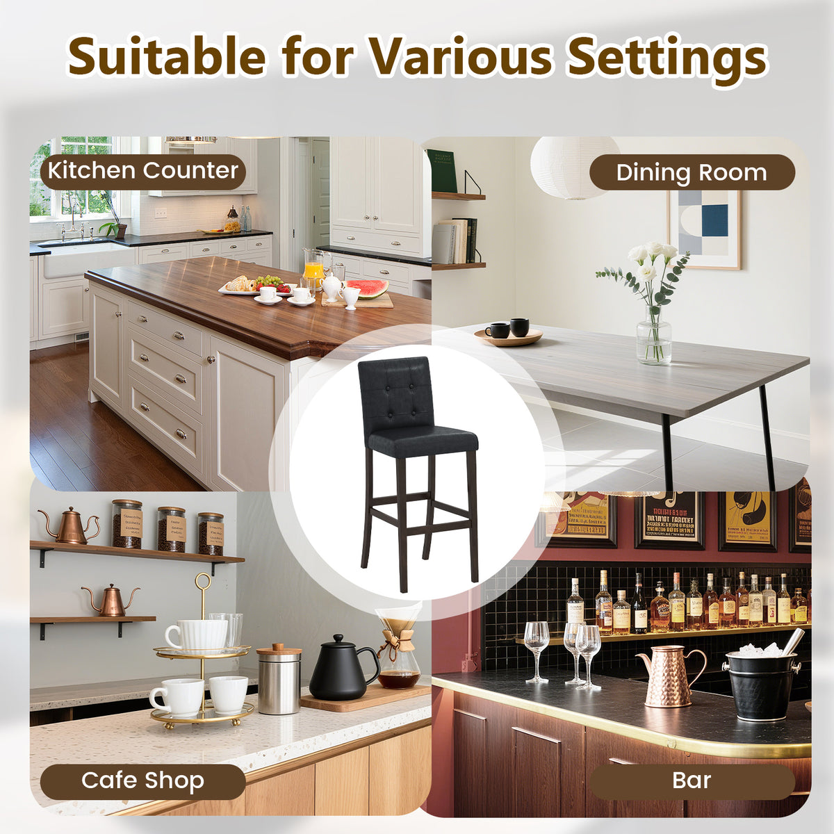 Set of 4 PVC Dining Leather Bar Stools with Solid Wood Legs-29/Legs-24 inch/icnh