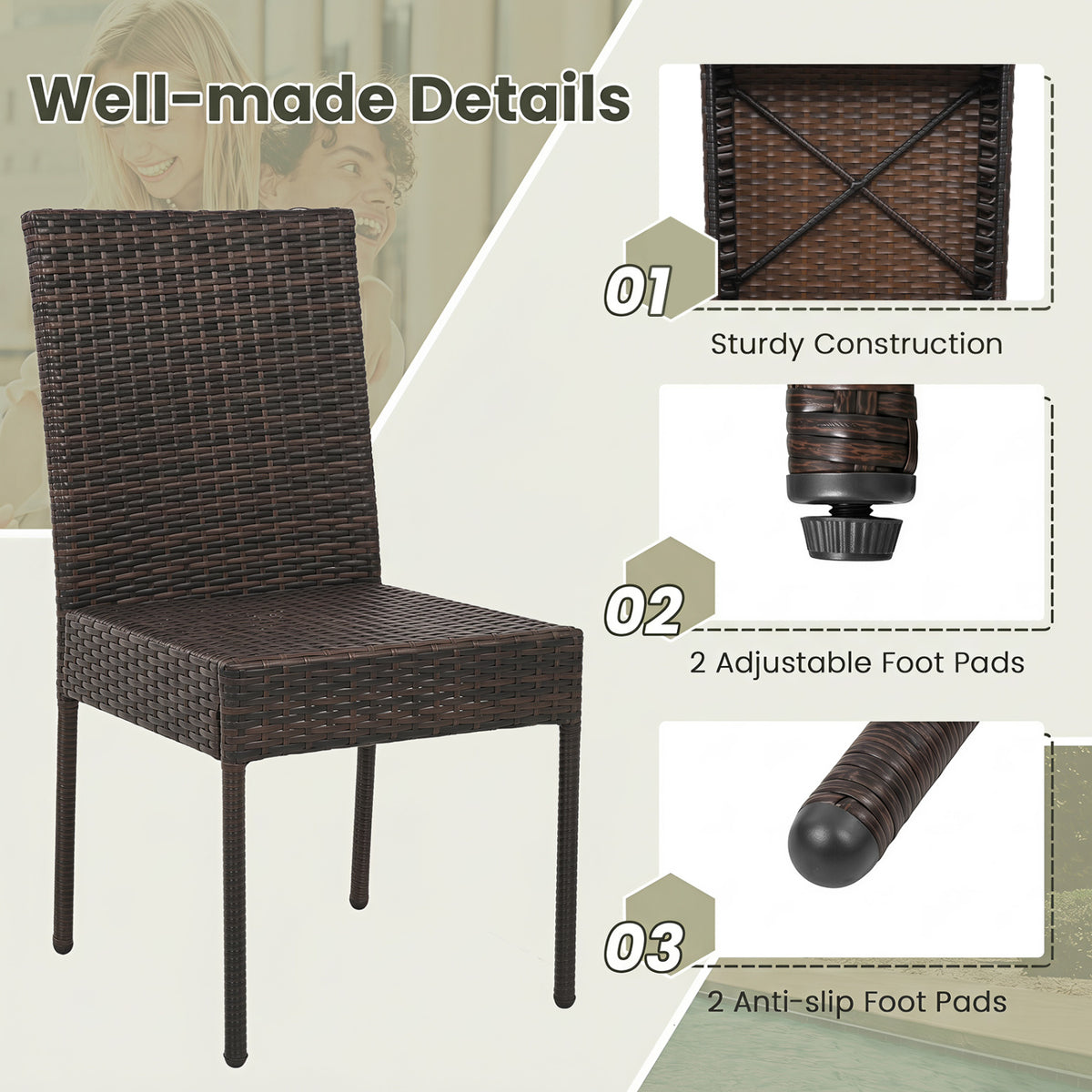 Set of 4 Patio Rattan Wicker Dining Chairs Set with Soft Cushions