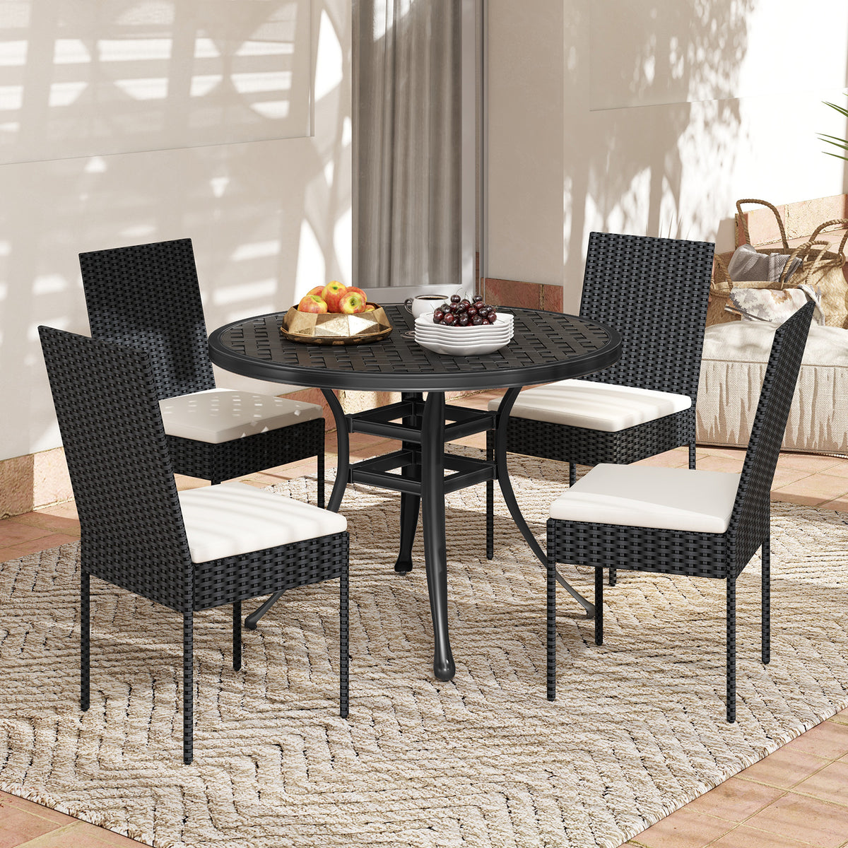 Set of 4 Patio Rattan Wicker Dining Chairs Set with Soft Cushions