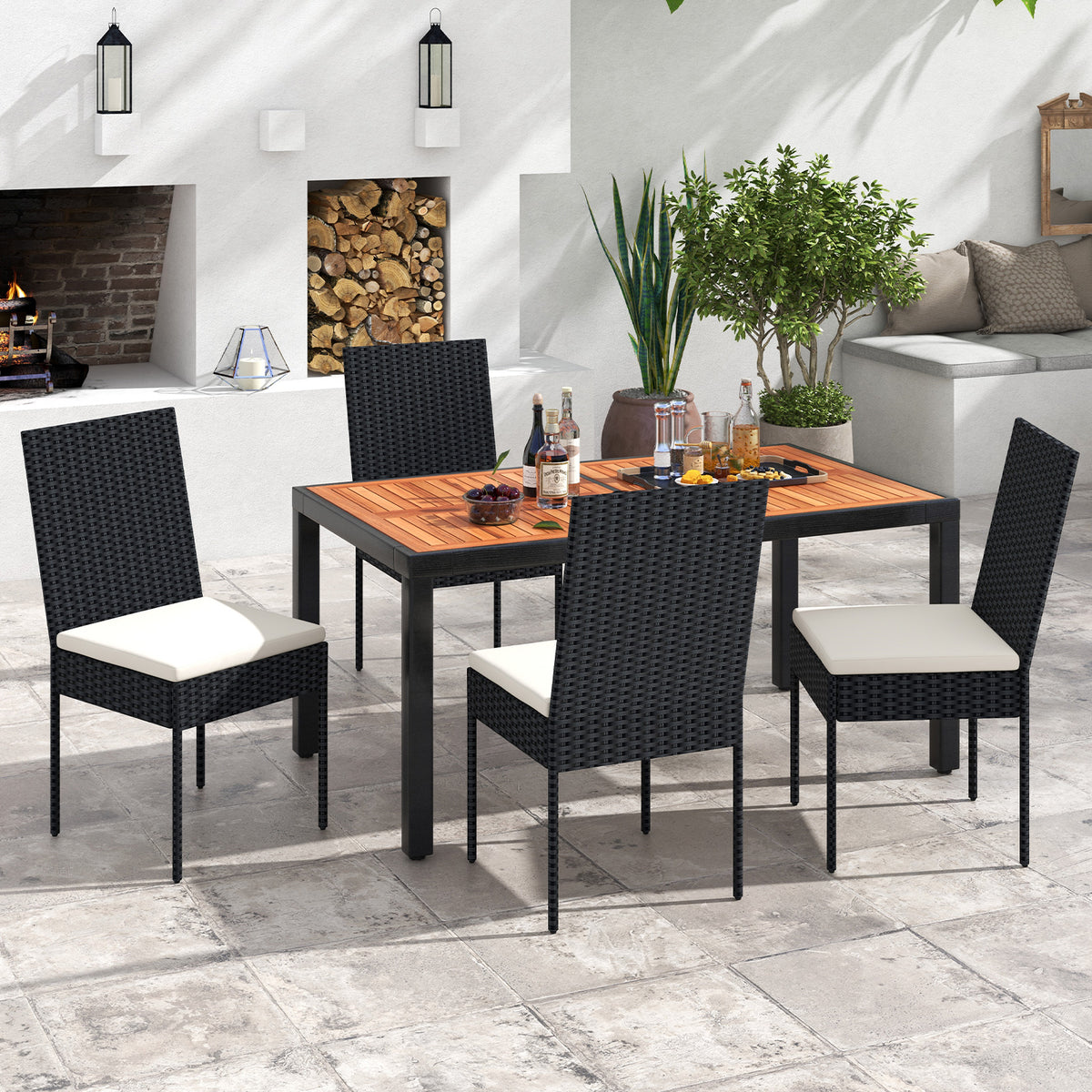 Set of 4 Patio Rattan Wicker Dining Chairs Set with Soft Cushions