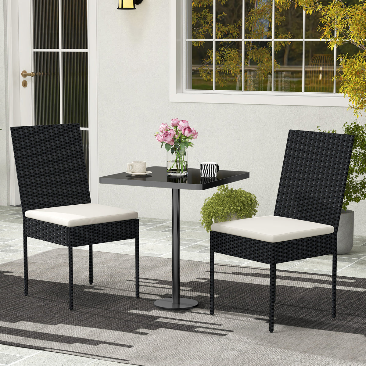 Set of 4 Patio Rattan Wicker Dining Chairs Set with Soft Cushions