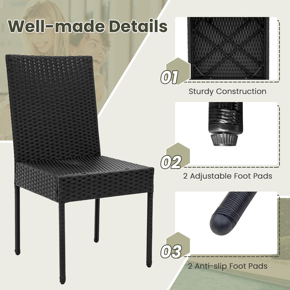 Set of 4 Patio Rattan Wicker Dining Chairs Set with Soft Cushions