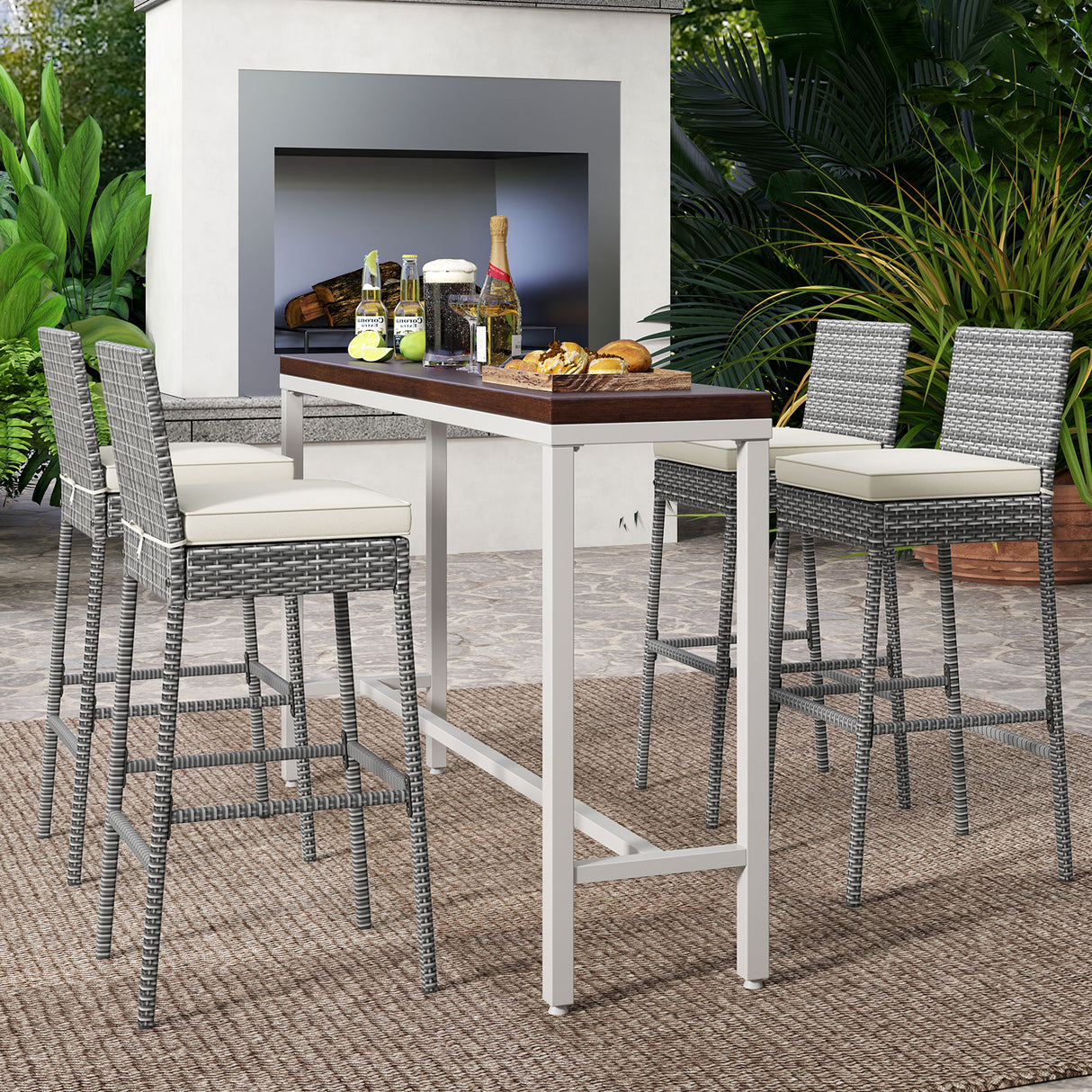 Set of 2/4 Patio Wicker Barstools with Soft Seat Cushion and Cozy Footrest