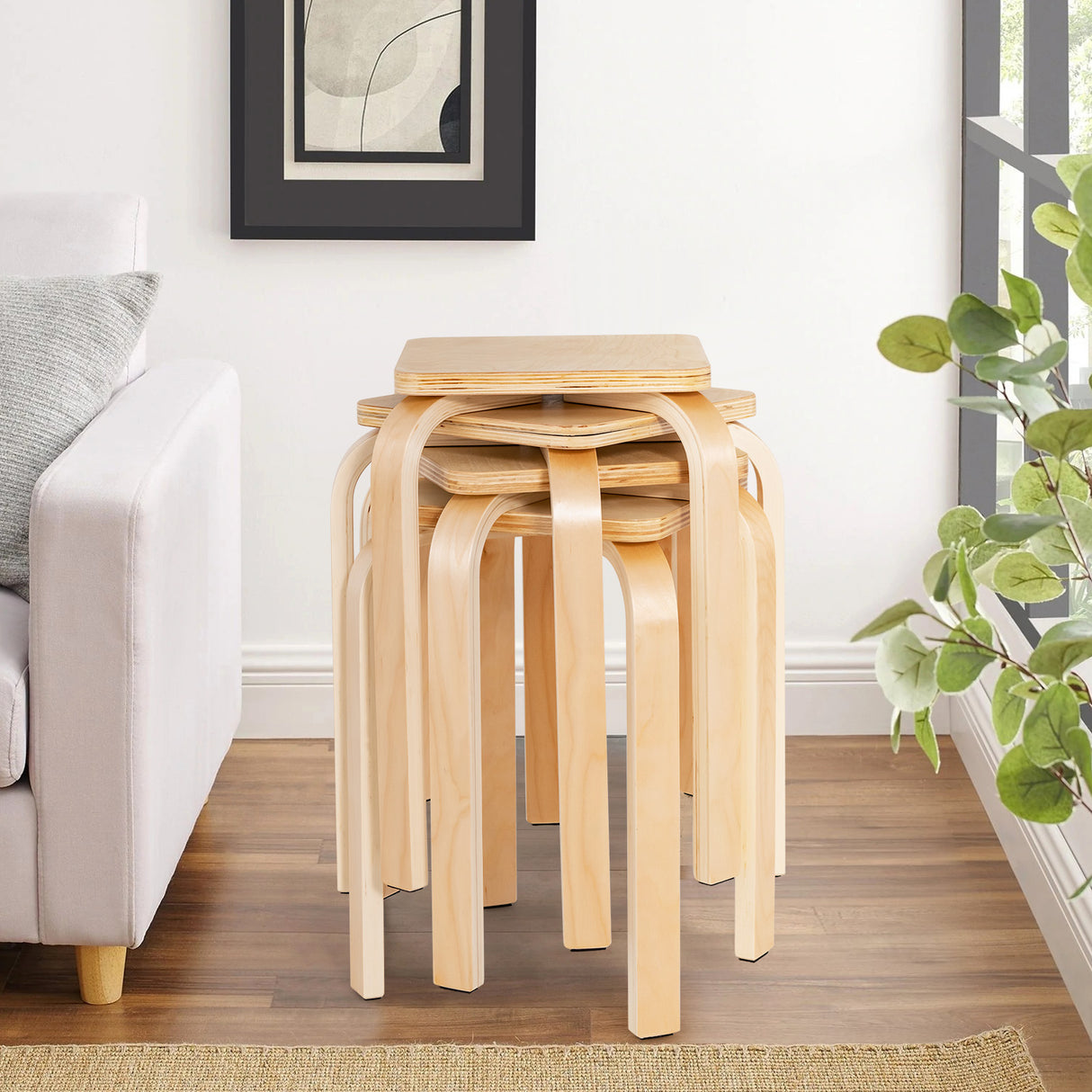 Set of 4 Colorful Square Stools with Anti-slip Felt Mats