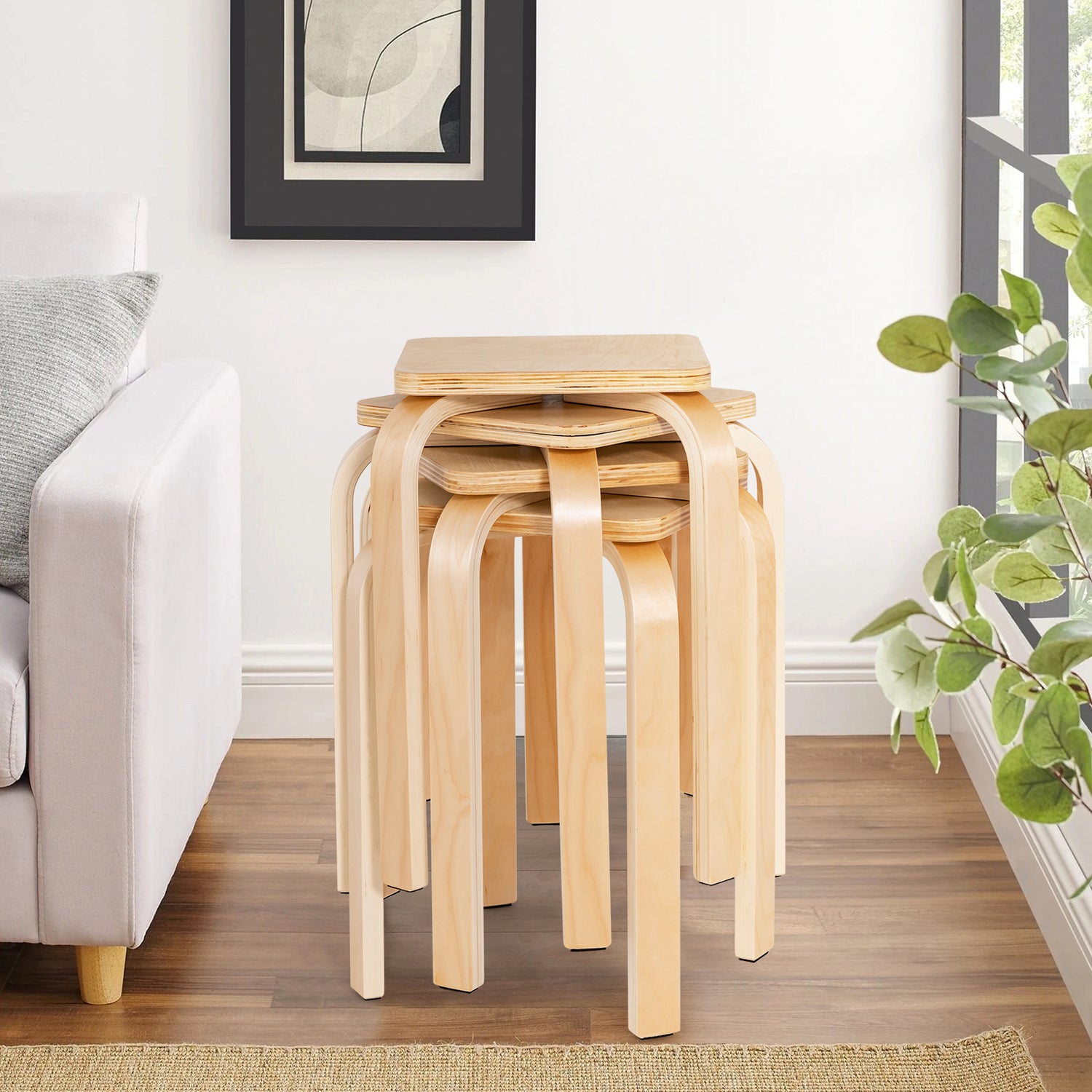 Set of 4 Colorful Square Stools with Anti-slip Felt Mats