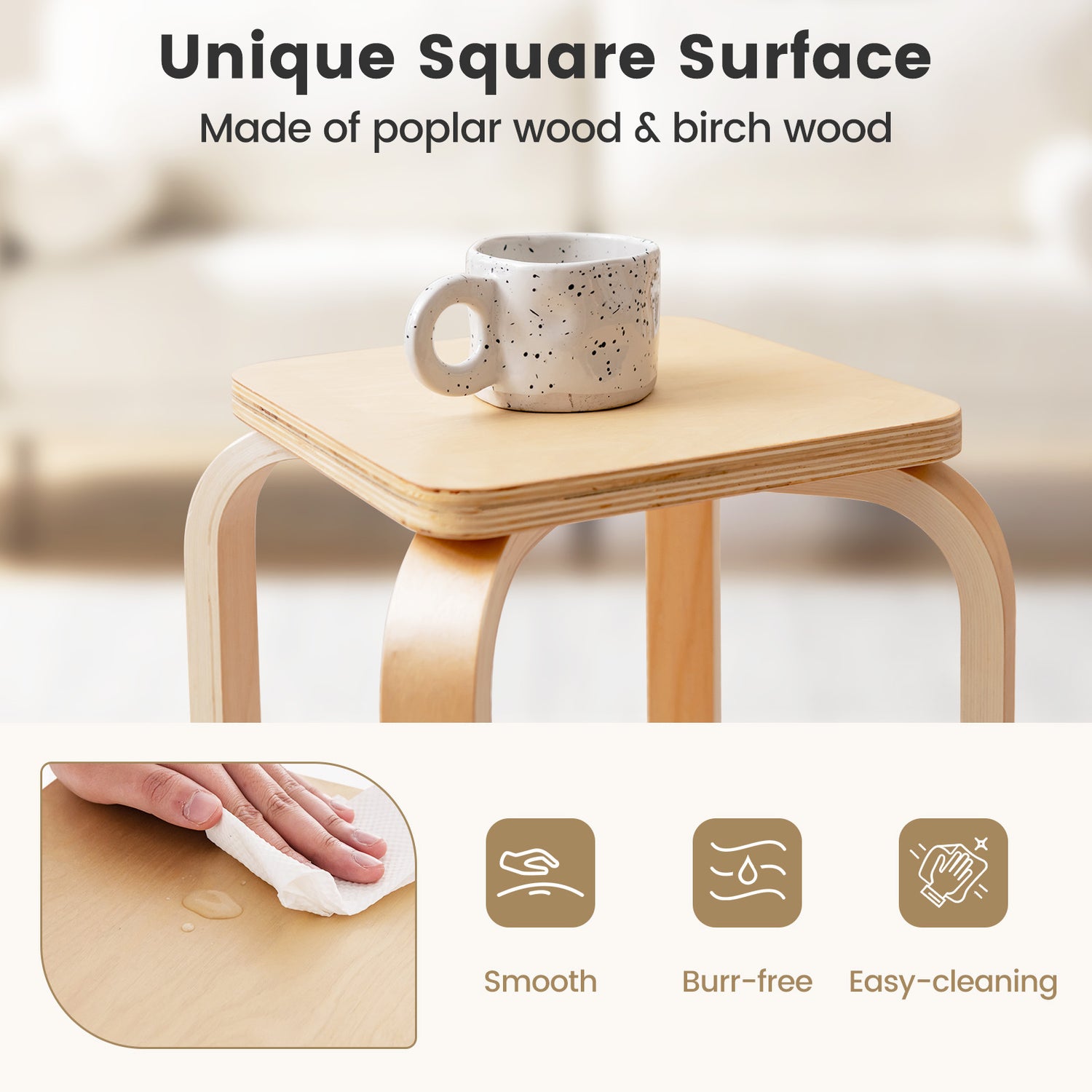 Set of 4 Colorful Square Stools with Anti-slip Felt Mats