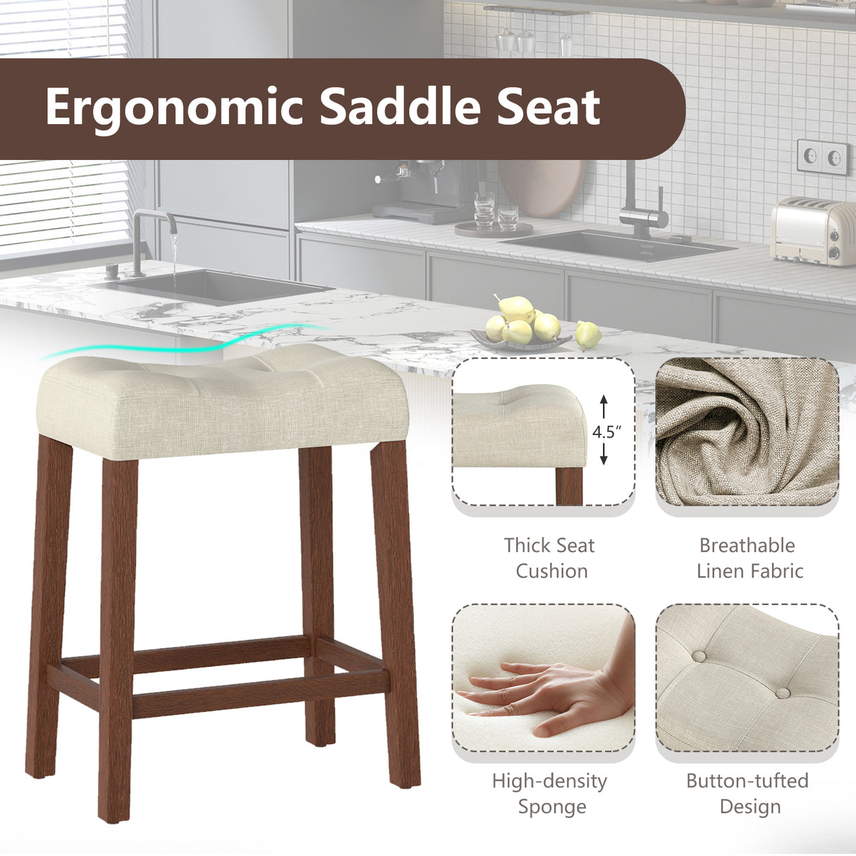 Set of 4 Upholstered Counter Height Bar Stool with Curved Saddle-Seat
