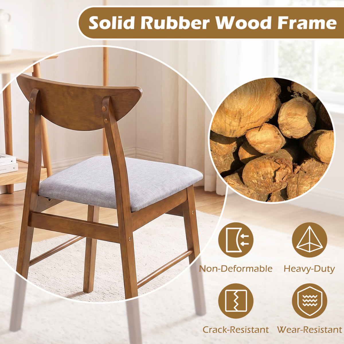 Set of 4 Upholstered Dining Chairs with Curved Backrest and Rubber Wood Frame