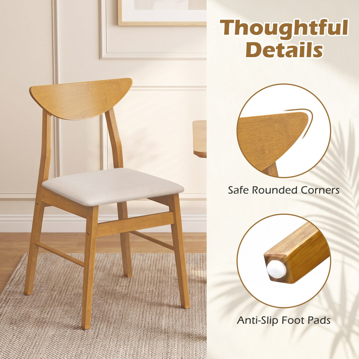 Set of 4 Upholstered Dining Chairs with Curved Backrest and Rubber Wood Frame